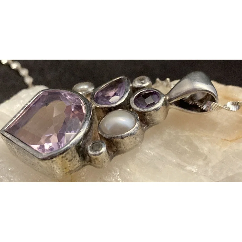 Vintage‎ STARBORN Amethyst Pearl Pendant Sterling Silver 16'' Necklace Abstract